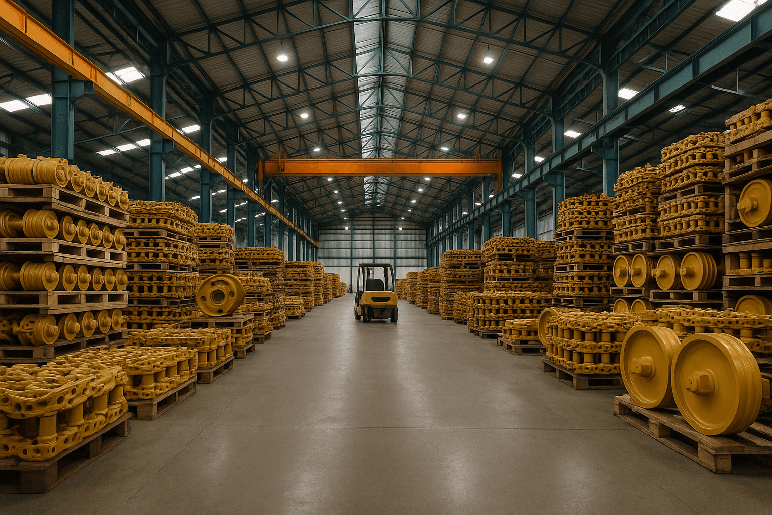Gudang spare part undercarriage alat berat dengan crane dan forklift