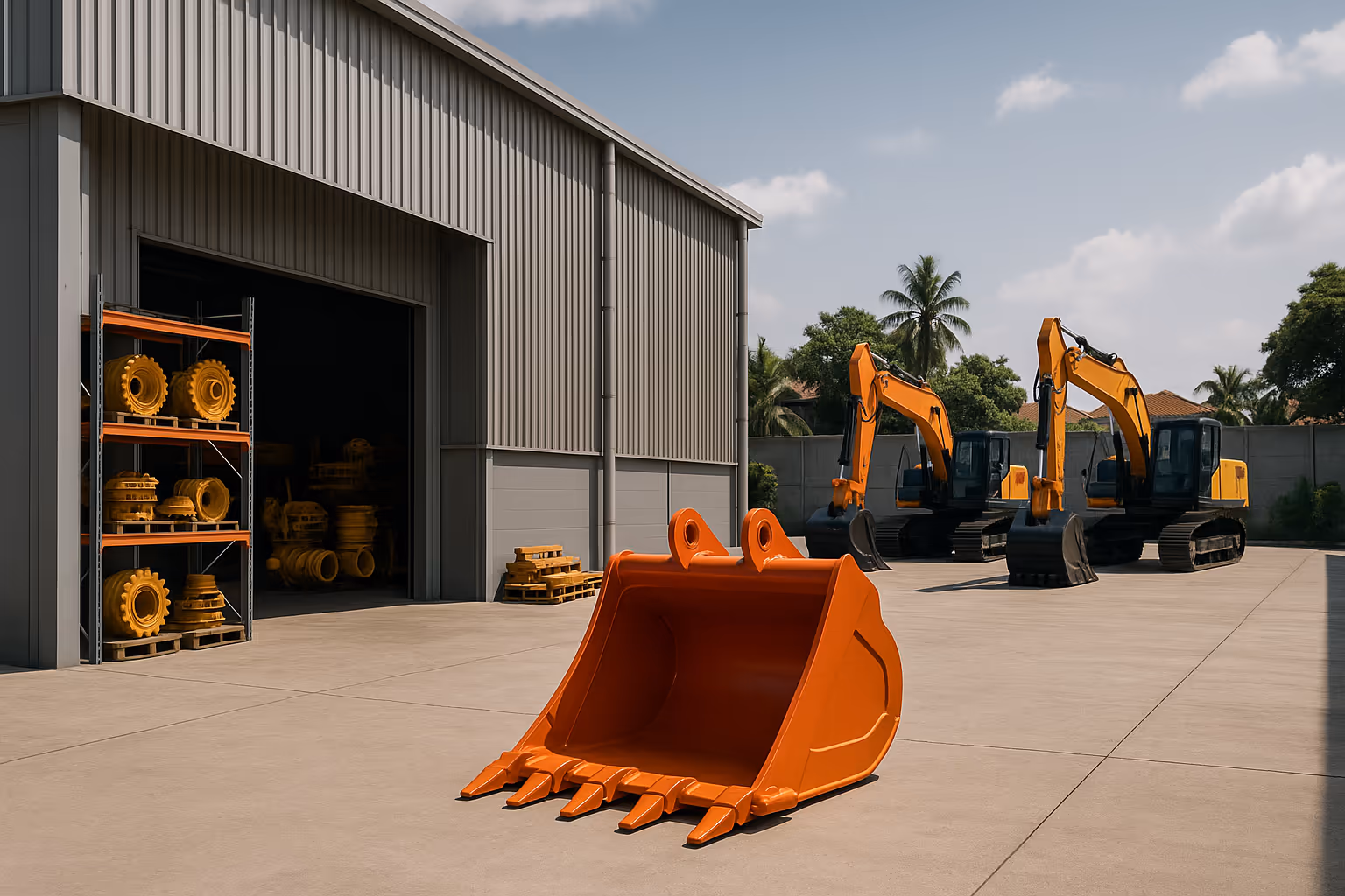 Visual area kerja alat berat di gudang industrial